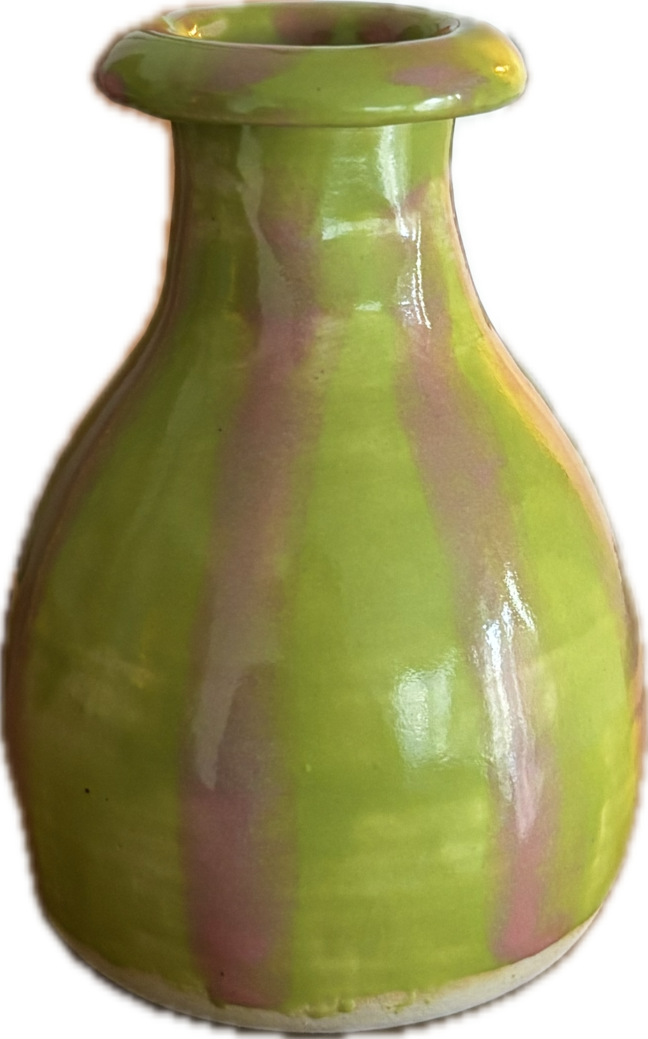 Green ceramic vase with pinkish streaks and a glossy finish.