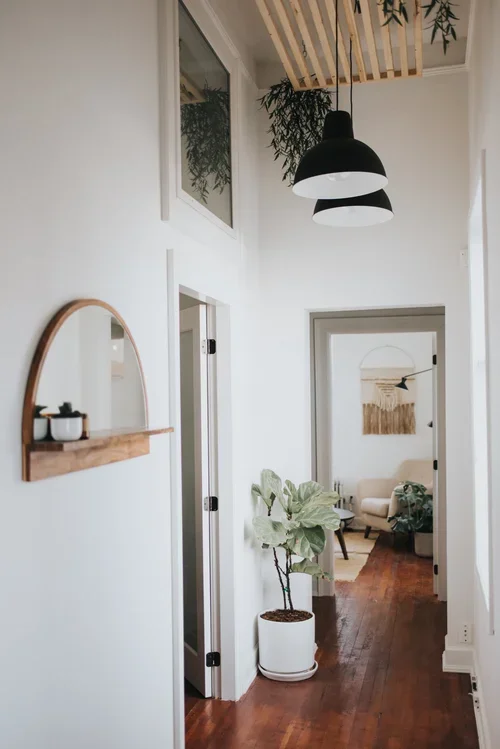 Bright, modern hallway with white walls, wooden flooring, and a black pendant light hanging from the ceiling. There's a small wooden shelf with containers and a mirror, and a large potted plant near the doorway leading to a living room with a white sofa, wall art, and additional plants.