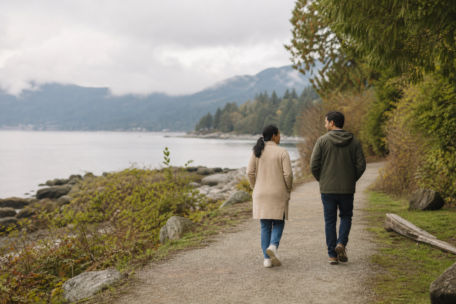 Two adults walking together on a peaceful Vancouver coastal path