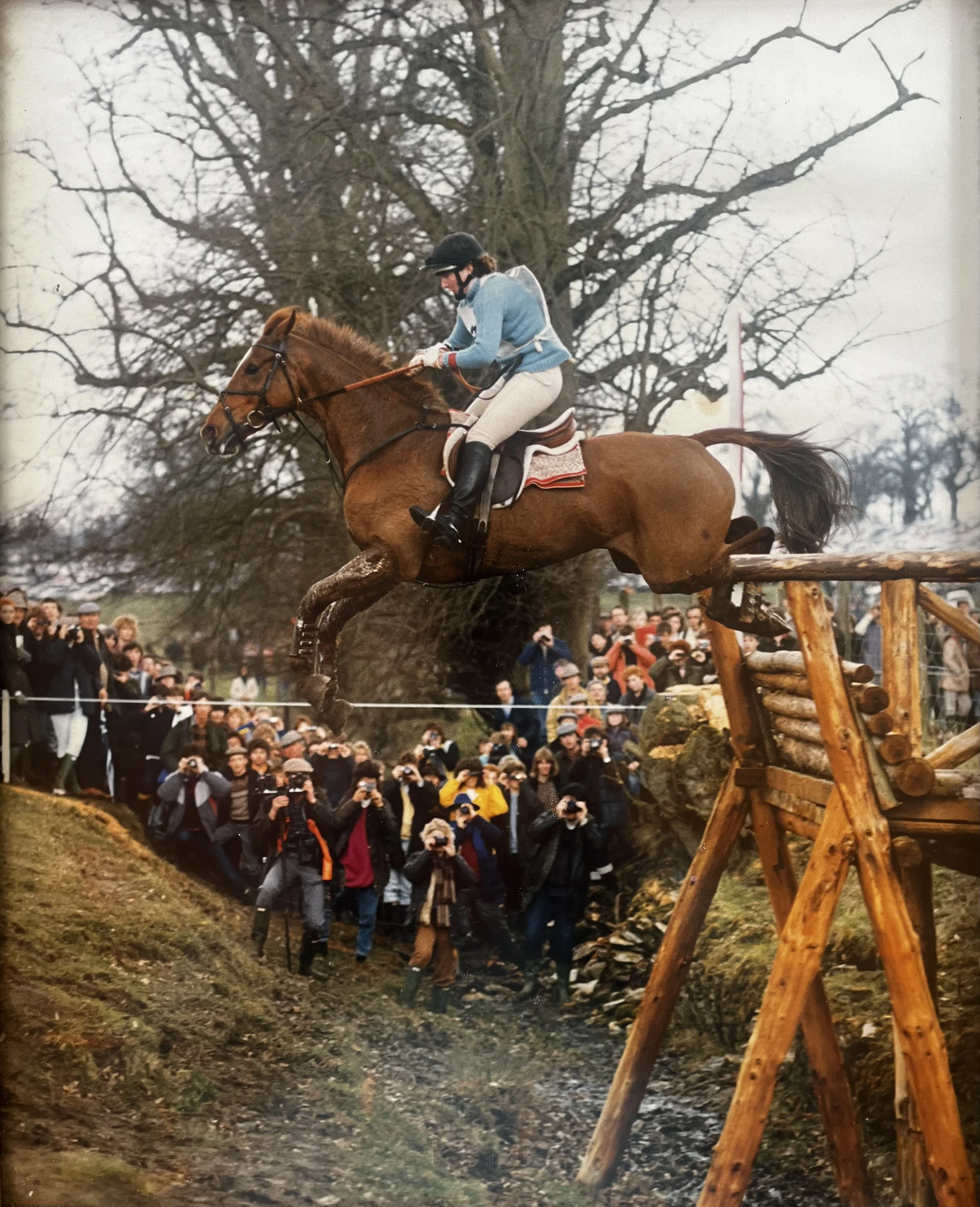 A rider on a horse jumping over a wooden obstacle during an equestrian event with an audience watching in the background.