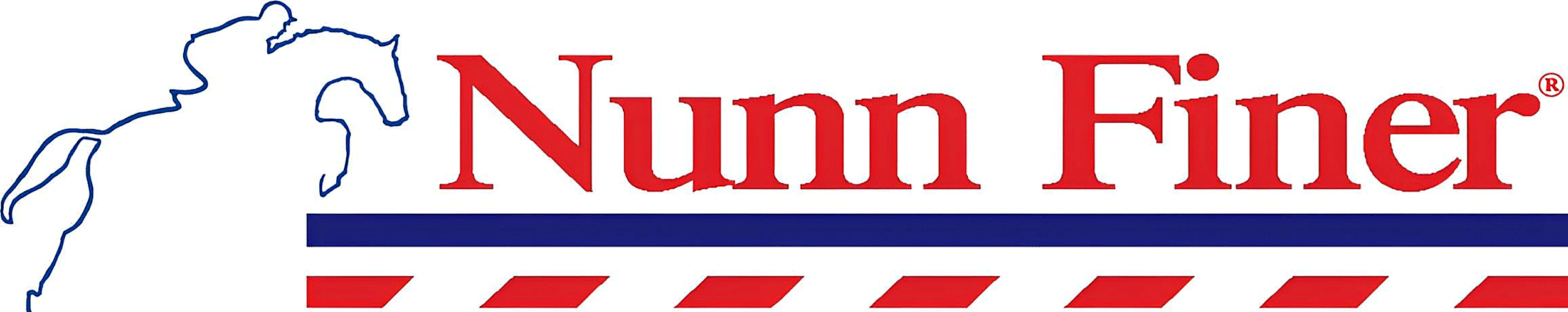 Logo with a blue outline of the state of Michigan on the left, the text 'Nunn Finer' in red in the center, with red and blue stripes underneath.