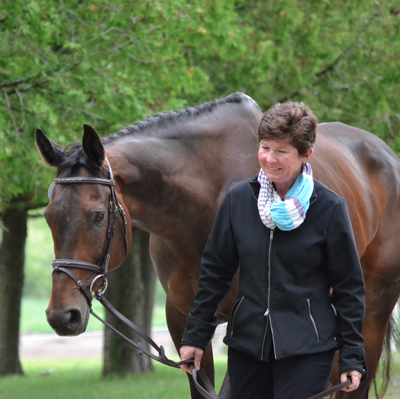 A woman walking a brown horse with a bridle in a lush green park with trees in the background.