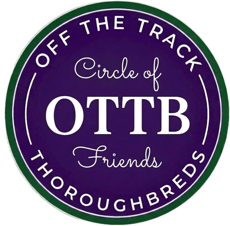 A circular emblem with a purple background and green border that reads 'Off the Track, Throughbreds, Friends, Circle of OTTB'.