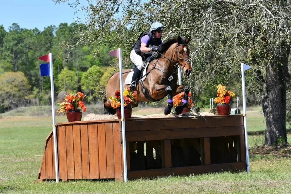 A person riding a horse over a wooden jump decorated with flowers in an outdoor equestrian event.