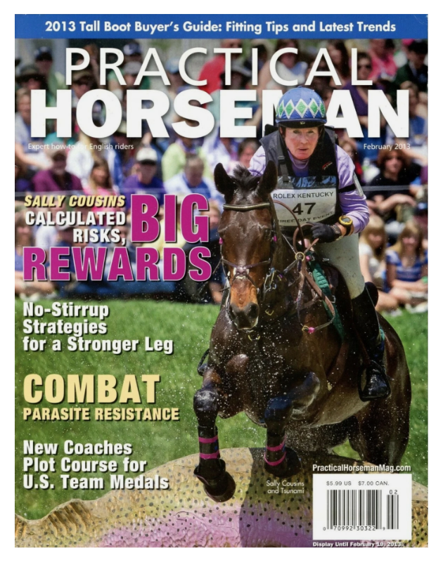 Cover of Practical Horseman magazine showing a female jockey riding a dark brown horse during a race, with a crowd in the background. The magazine highlights tips and trends for tall boot buyers, with headlines about risks and rewards in horse riding, leg strategies, parasite resistance, and U.S. team medals.