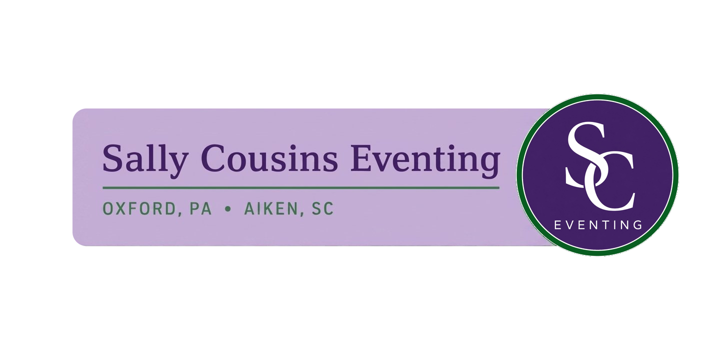 Event badge for the Sally Cousins Evening event held in Oxford, Pennsylvania, and Aiken, South Carolina, featuring a purple and green color scheme with a circular logo containing interlocking letters 'S' and 'C'.