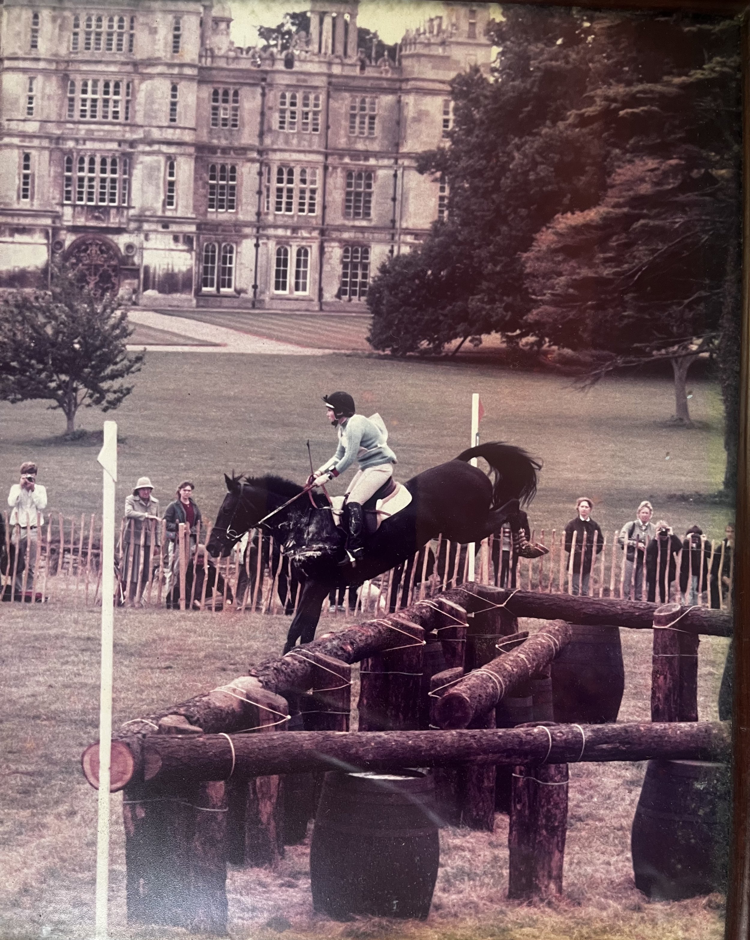 A person riding a horse over a wooden obstacle during a show jumping competition at a historic estate with large stone building and trees in the background.