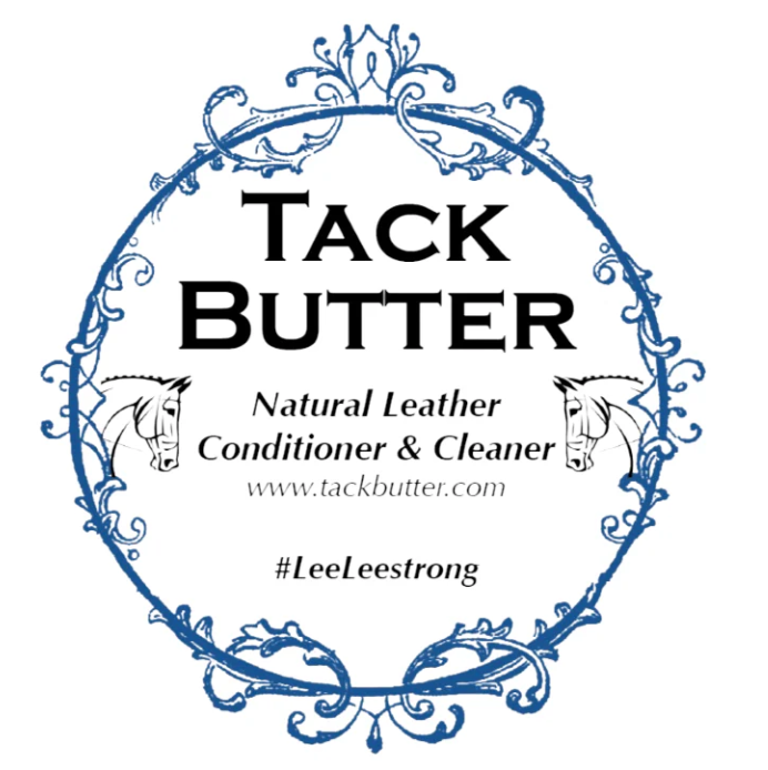 Product logo for Tack Butter, a natural leather conditioner and cleaner, featuring a decorative blue floral frame, two horse head illustrations, website URL, and hashtag #LeeLeestrong.
