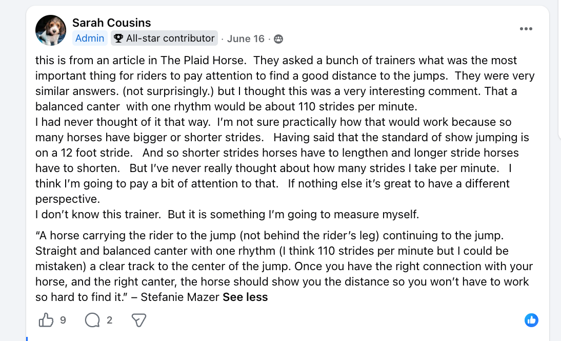 Screenshot of a Facebook post by Sarah Cousins discussing training for horses, specifically related to jumping and stride length, with a focus on rhythm and balance.