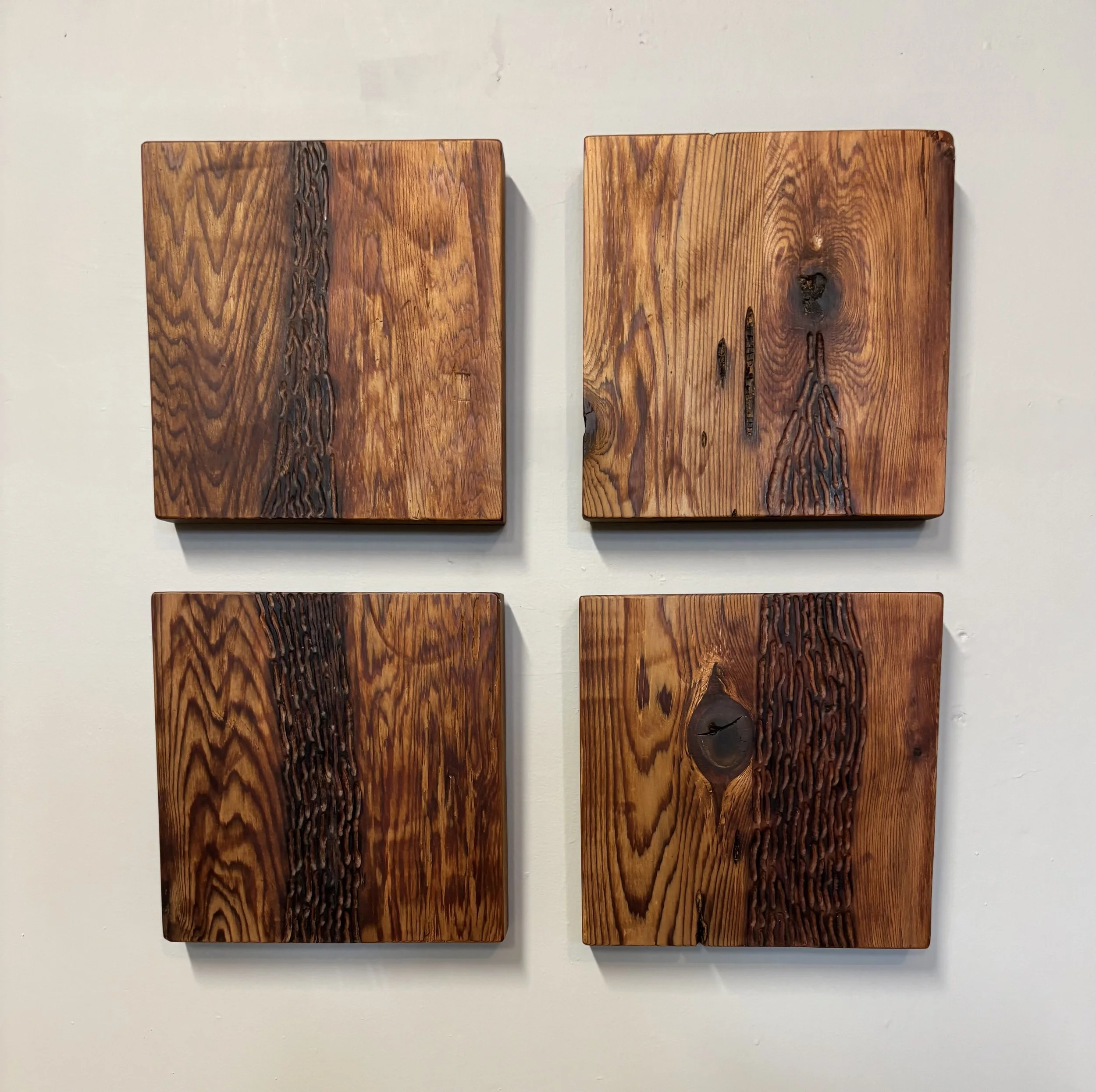 Cedar.  Each bloc is 10 1/2". 10 1/2".  Total size is approximately 24". x. 24".  $375