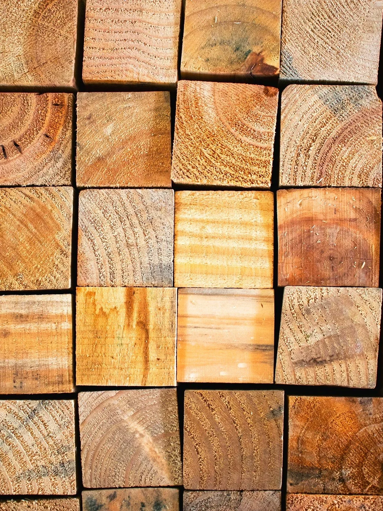 Close-up of a wall made of wooden blocks arranged in a grid, showing different wood grains and textures.