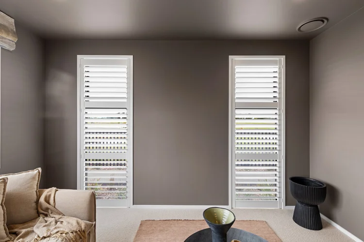 White plantation shutters in a living room