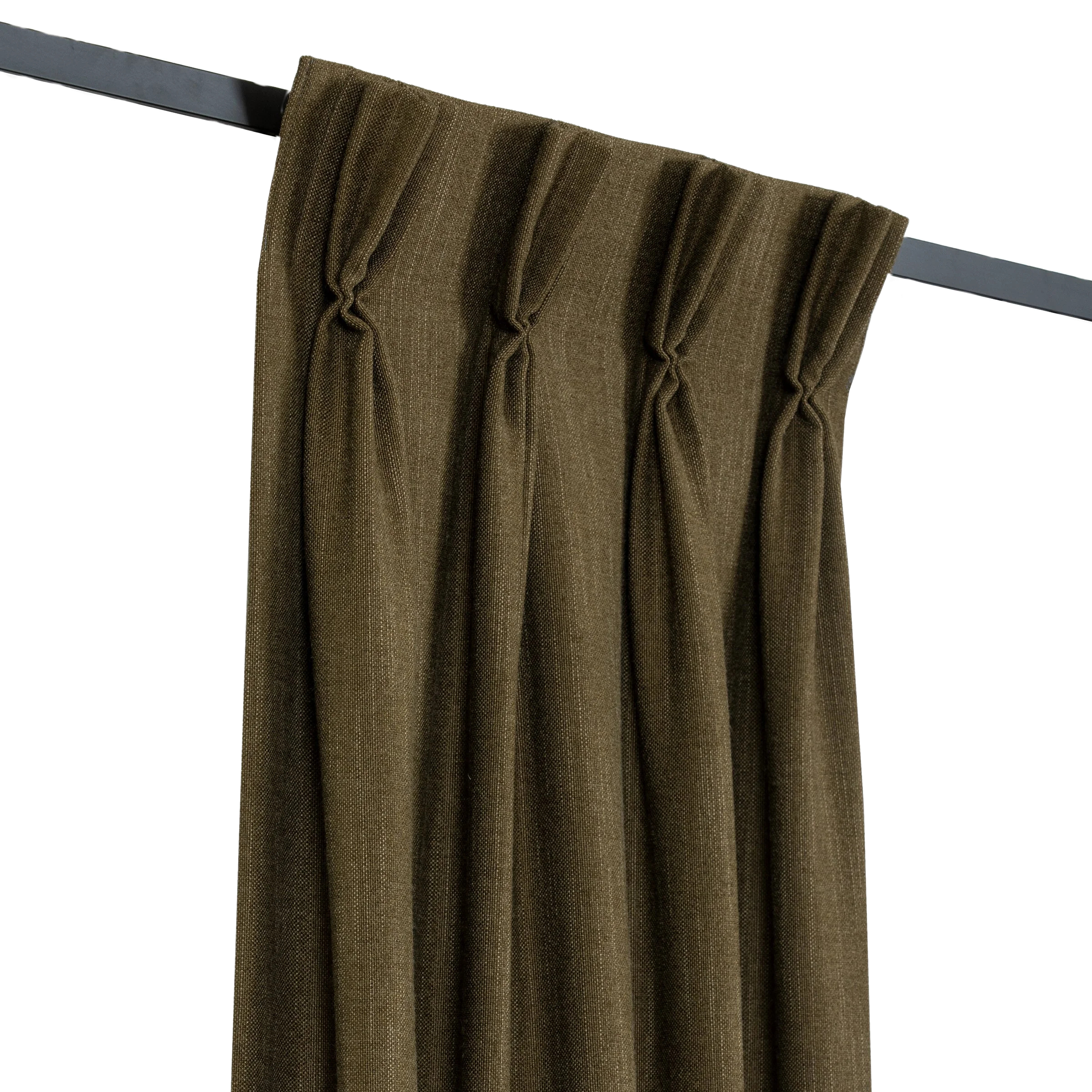 A brown curtain hanging on a black curtain rod against a white background.