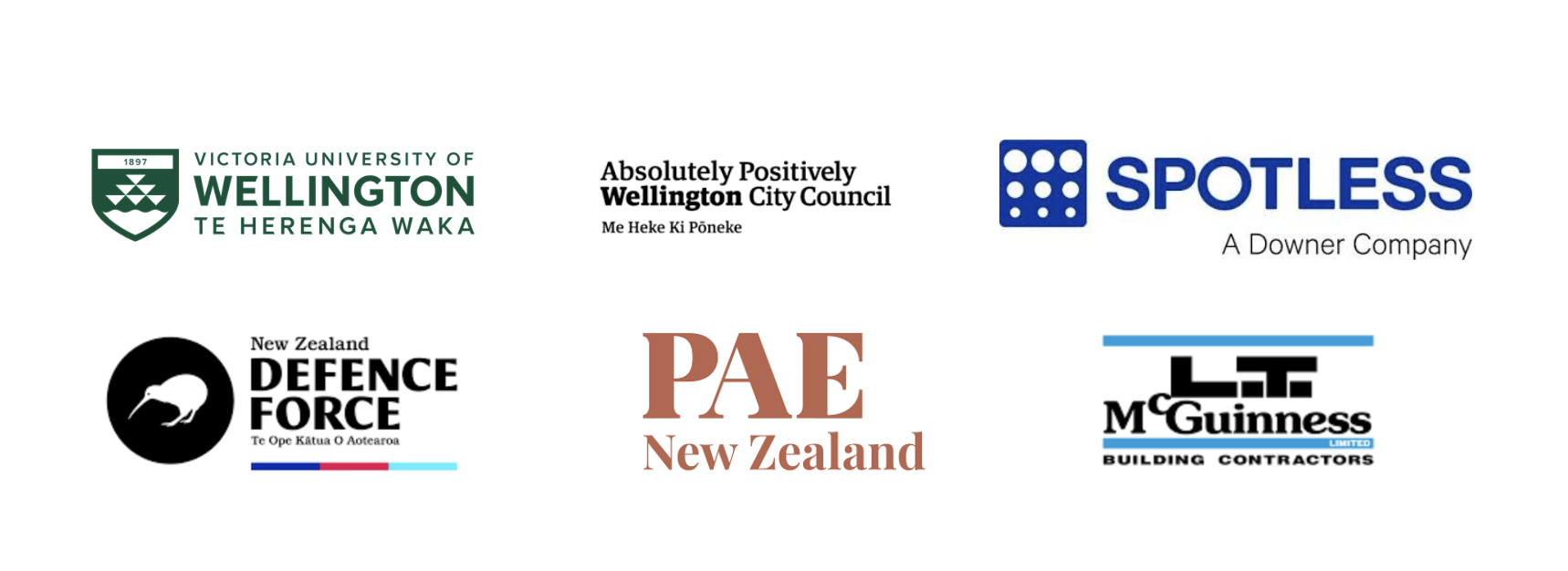 A collection of logos from various New Zealand organizations, including Victoria University of Wellington, Wellington City Council, Spotless, New Zealand Defence Force, PAE New Zealand, and McGuinness Building Contractors.