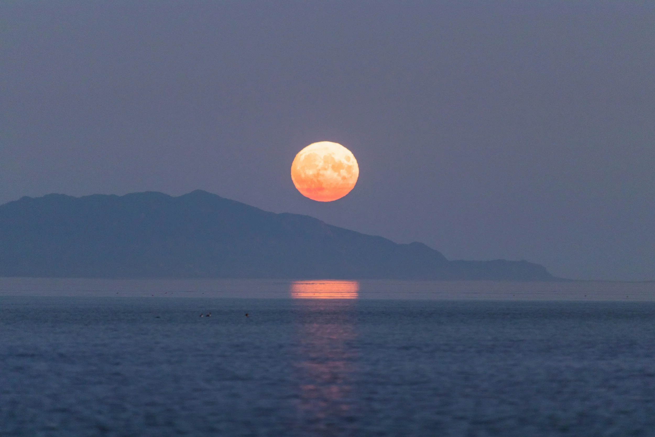 Full moon rising over a mountain range and reflecting on the water.