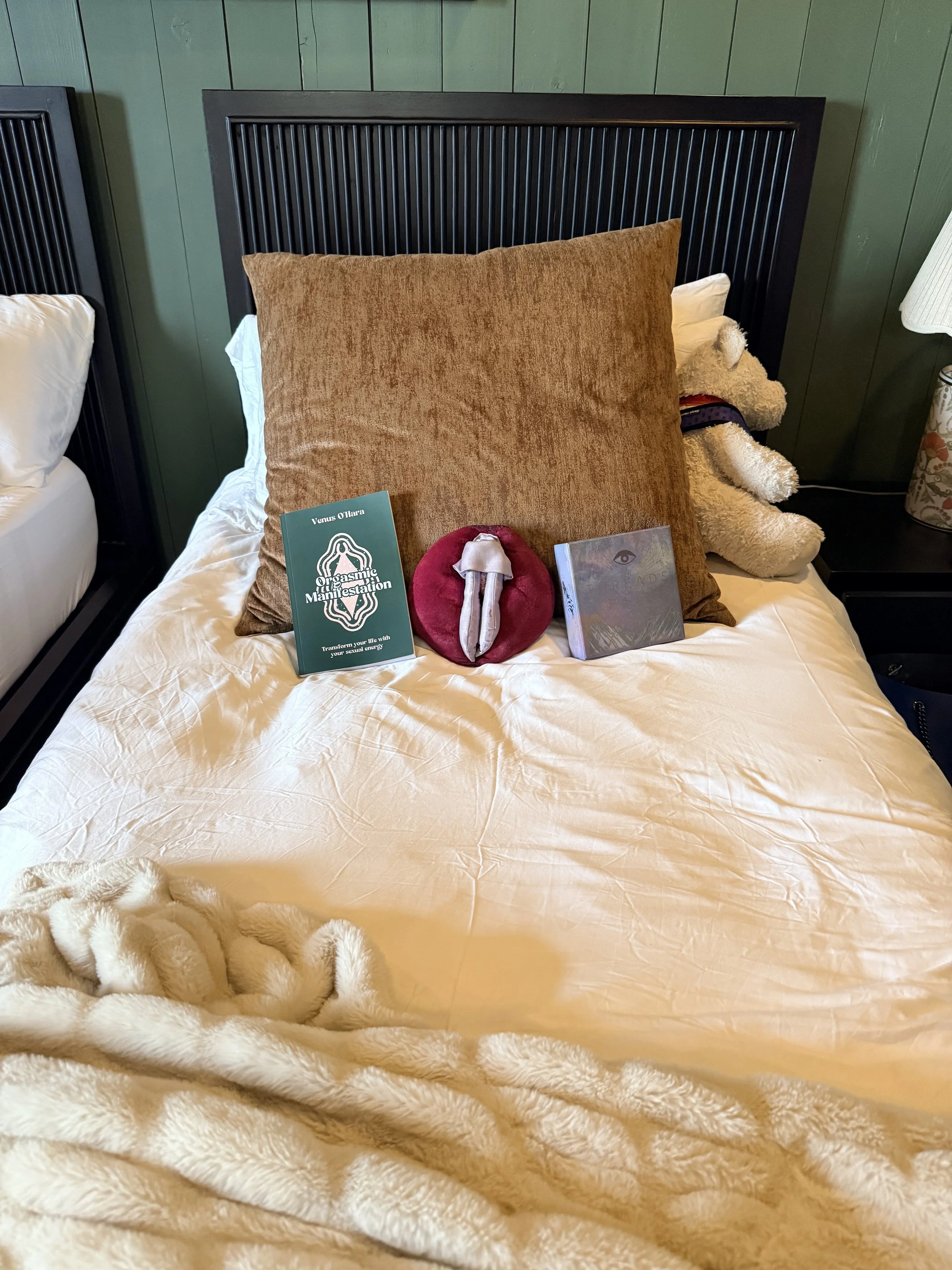 A bed with a large brown pillow, a white pillow, a teddy bear, and a book titled 'Organic Manifestation' in front of a dark headboard on a cream-colored bedspread, with a cream-colored blanket at the foot of the bed.