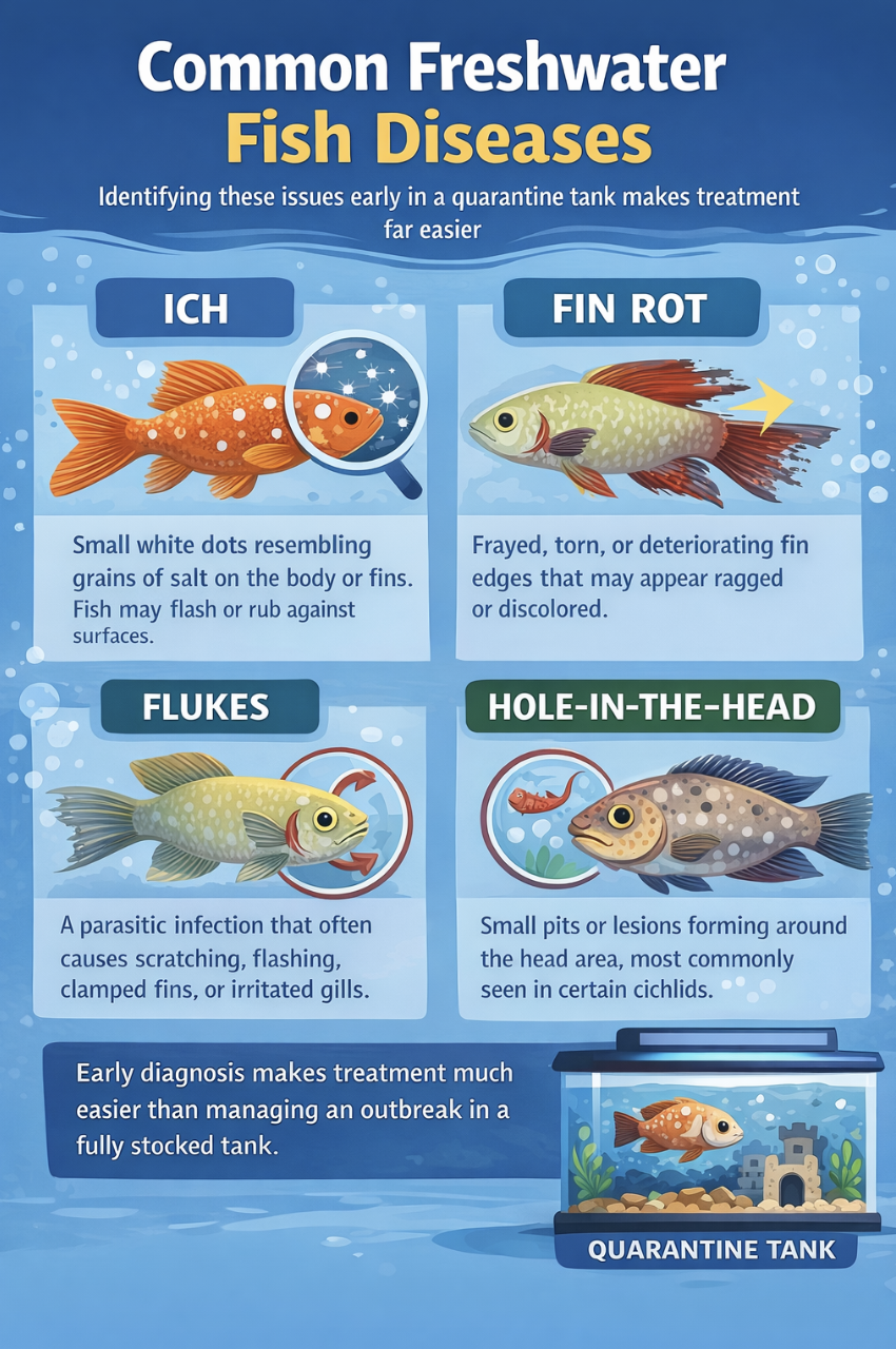 Infographic explaining ich, fin rot, flukes, and hole-in-the-head in freshwater fish