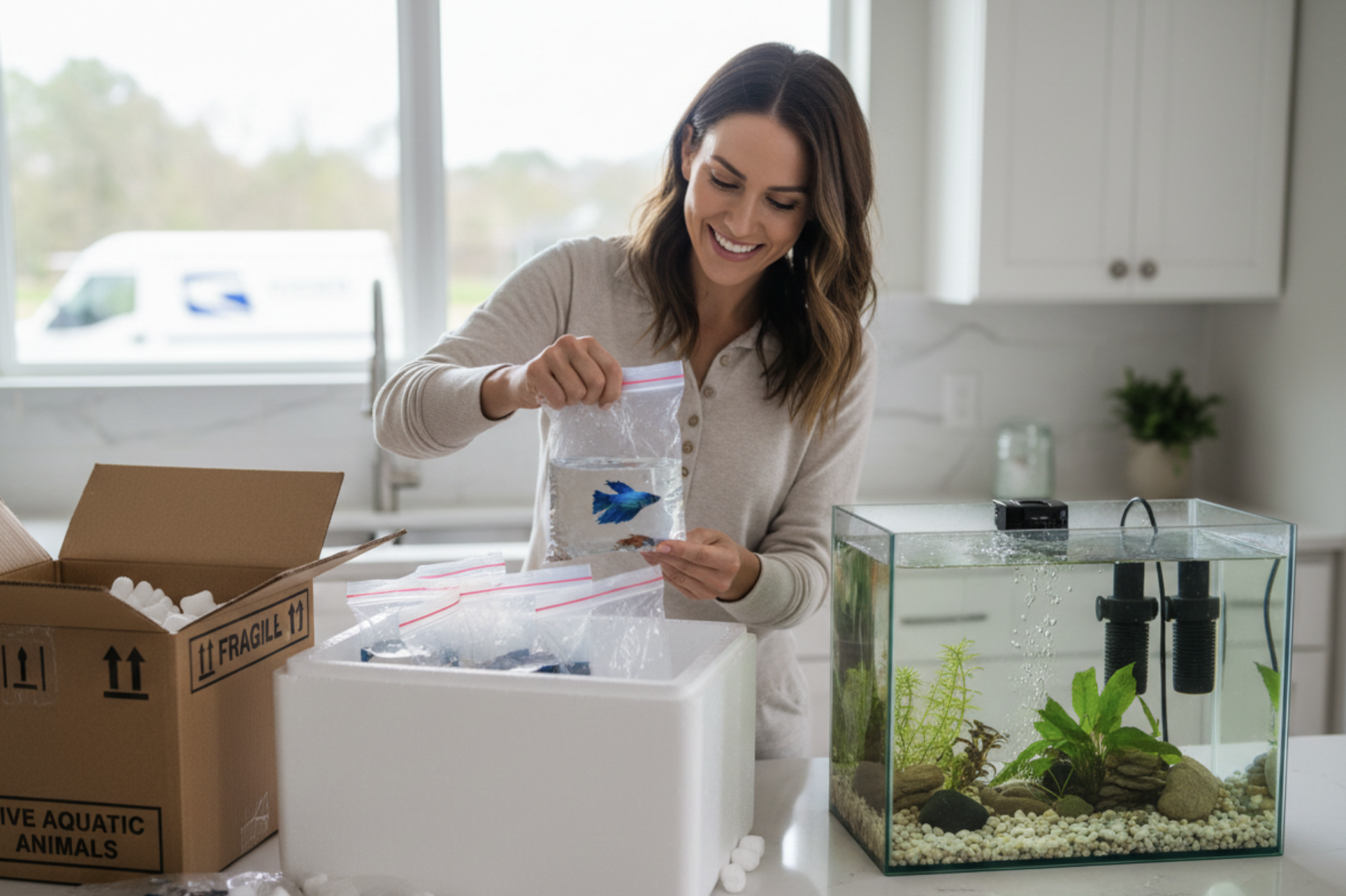 Woman in fish room unpacking newly delivered freshwater fish for quarantine