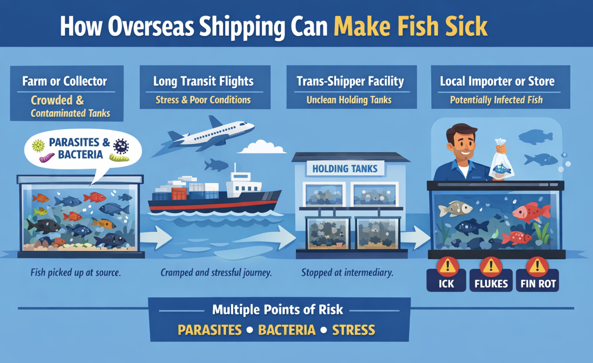 Infographic showing how overseas fish shipping can expose fish to parasites, bacteria, and stress