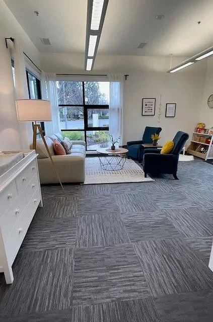 Modern living room with a white sofa, two dark blue armchairs, a glass coffee table, a white dresser, and large windows with white curtains. There's a floor lamp beside the sofa and a small shelf with books and decor on the right wall. The room has gray carpeted flooring and appears bright and inviting.