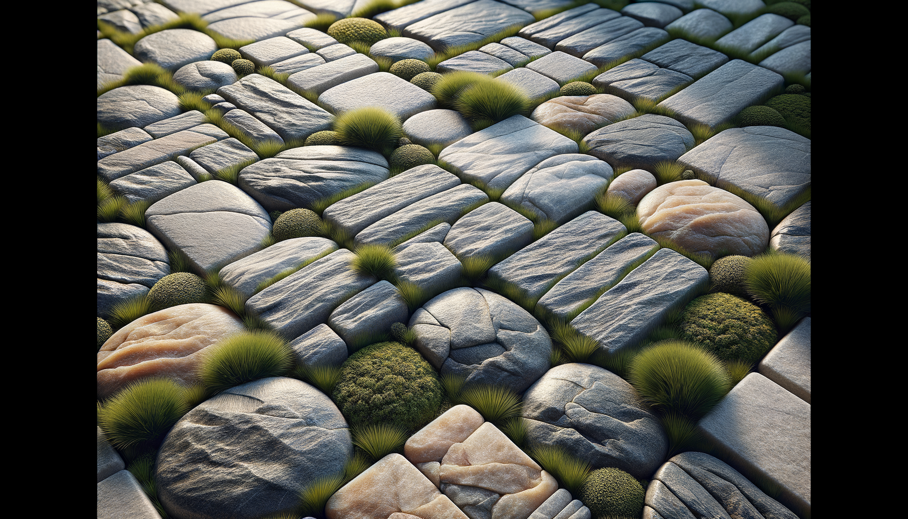 Close-up of a patterned arrangement of smooth gray and beige stones with green grass and small moss balls between them.
