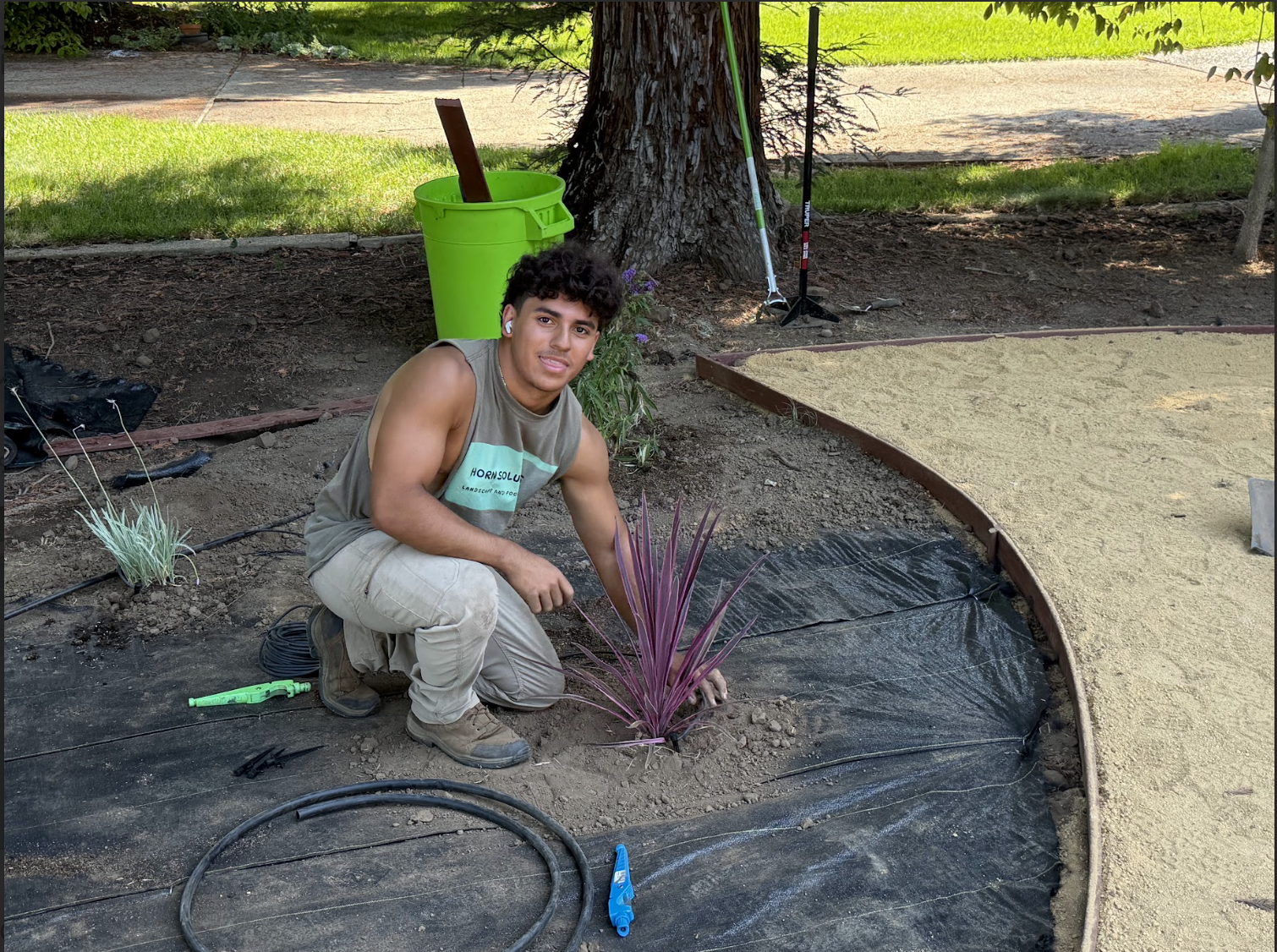 A young man kneeling next to purple ornamental grass in a garden bed, with gardening tools and a bright green trash can nearby, under the shade of a large tree.