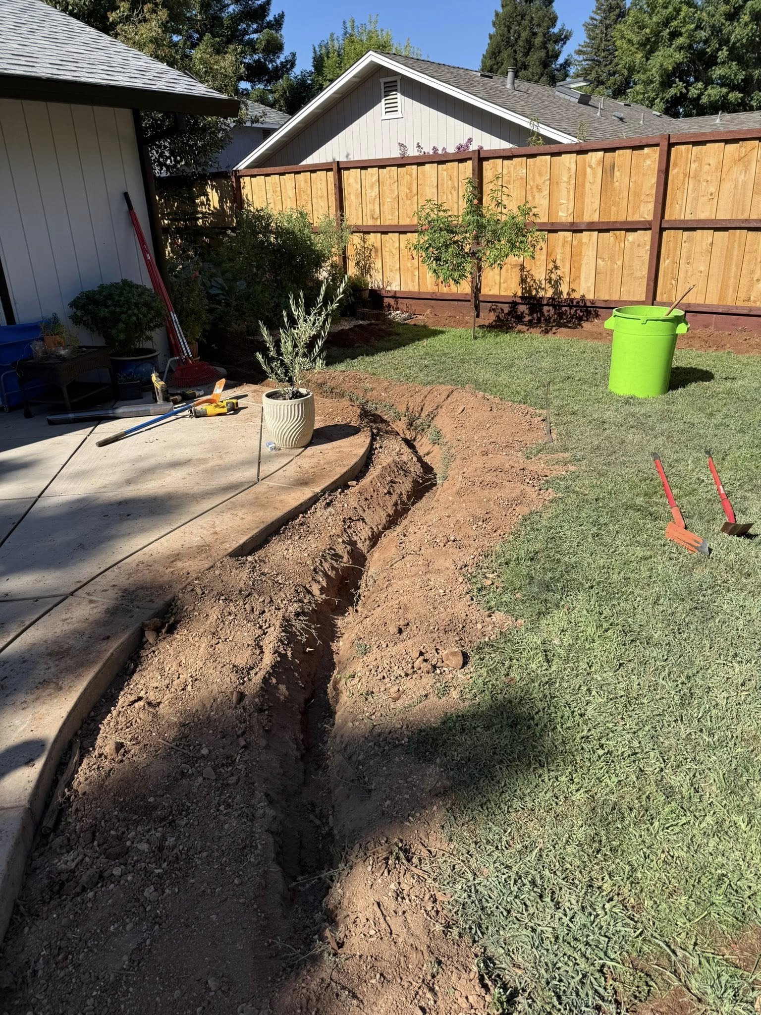 A backyard with a small tree, a green bucket, and gardening tools near a fenced area, with a section of dirt and grass, likely part of a landscaping or gardening project.