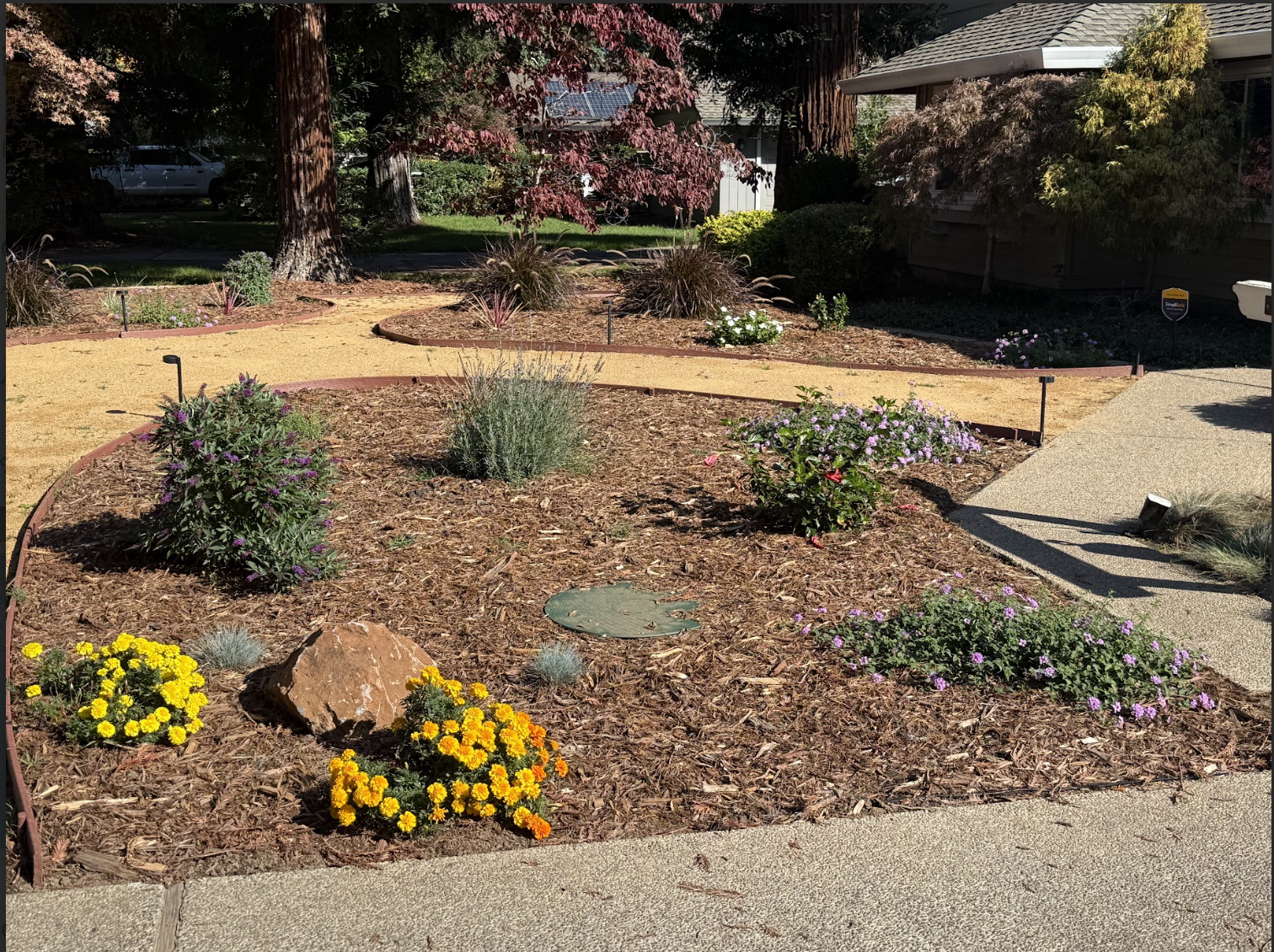 A well-maintained front yard flower garden with colorful flowers, shrubs, and mulch, bordered by a curved brick edge and a concrete sidewalk, with trees and a house in the background.