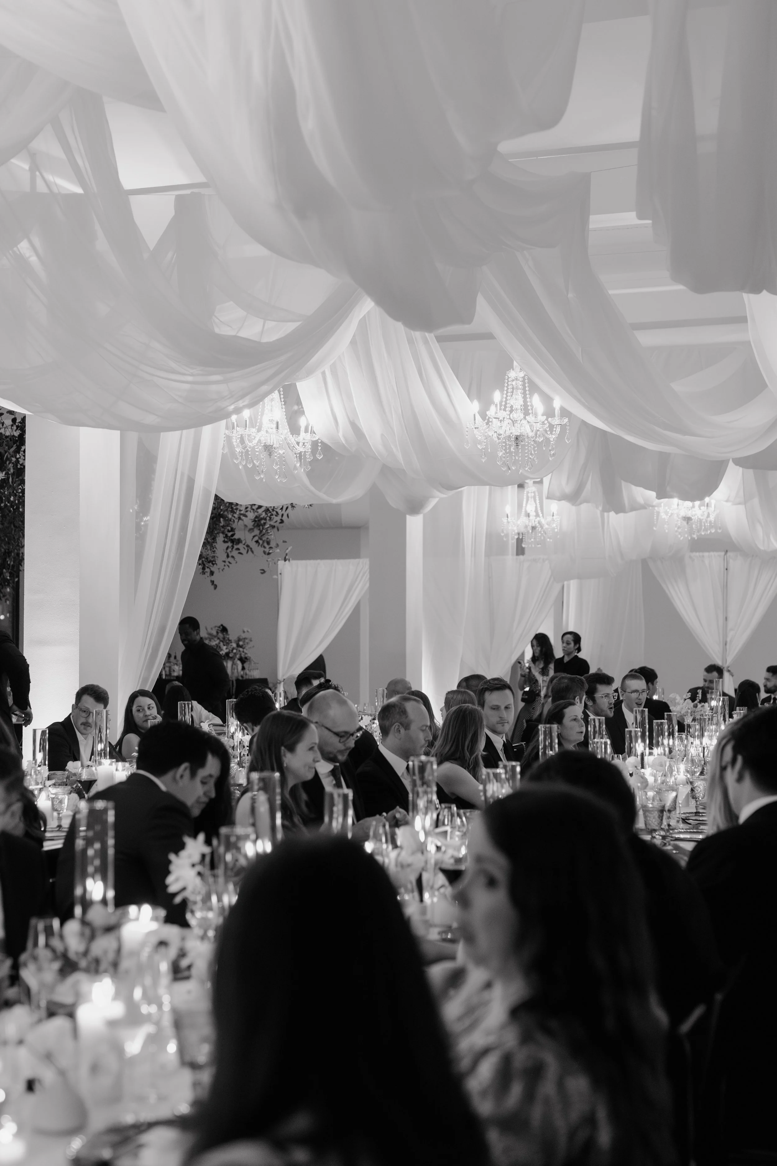 A large elegant banquet hall decorated with draped white fabric on the ceiling and ornate chandeliers, filled with formally dressed guests seated at long tables for a formal event.