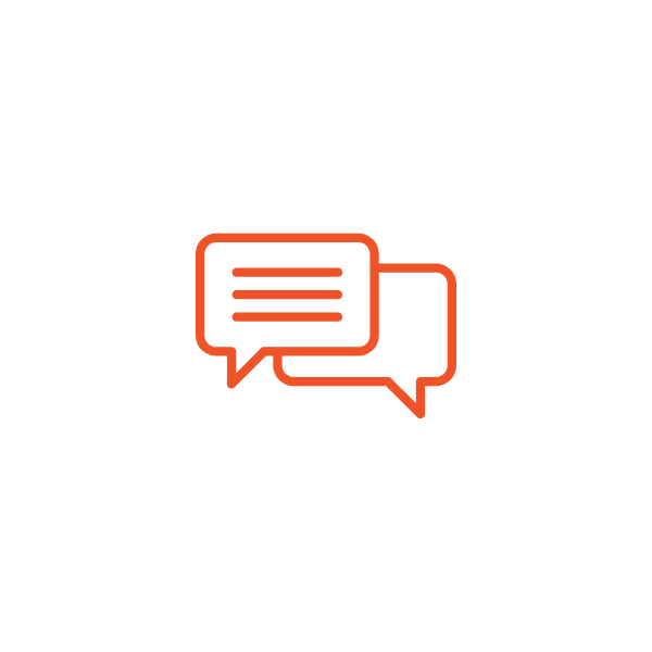 Two speech bubbles, one with text lines, are overlapping, depicted in red on a black background.
