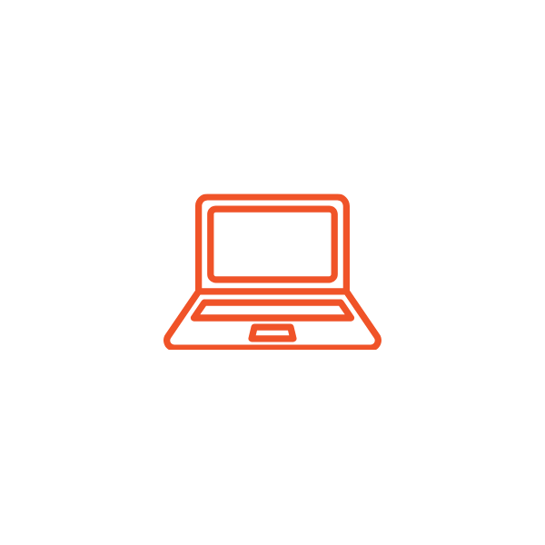 Outline of a laptop computer in orange with a small circle above it on a black background.