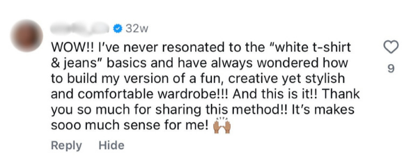 A social media comment praising the basics of white T-shirts and jeans, sharing a personal style transformation experience.