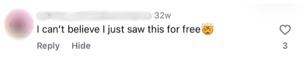 A social media comment expressing surprise at seeing something for free, with a celebratory emoji.