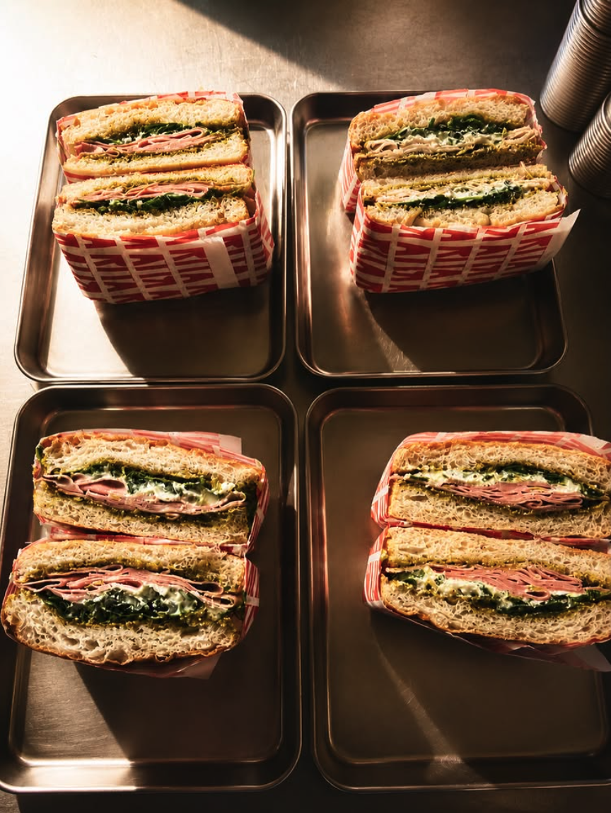 Sándwiches cortados por la mitad con jamón, espinaca y queso en pan de sándwich, en bandejas metálicas