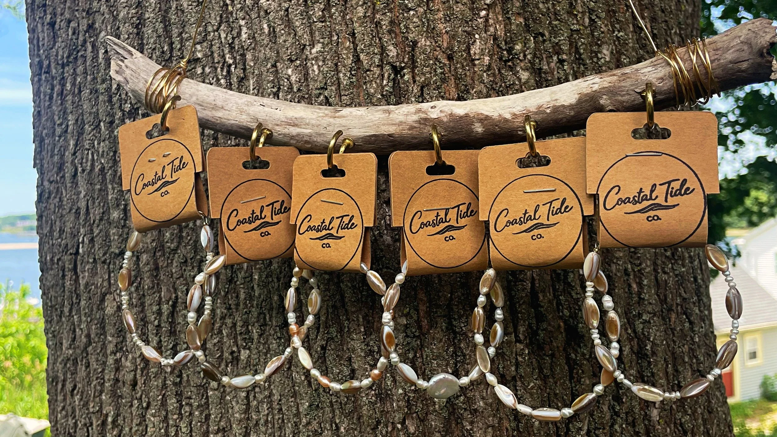 Jewelry necklaces hanging on a tree branch, each necklace displayed on a cardboard card labeled 'Coastal Tide Co.' with bead accents.