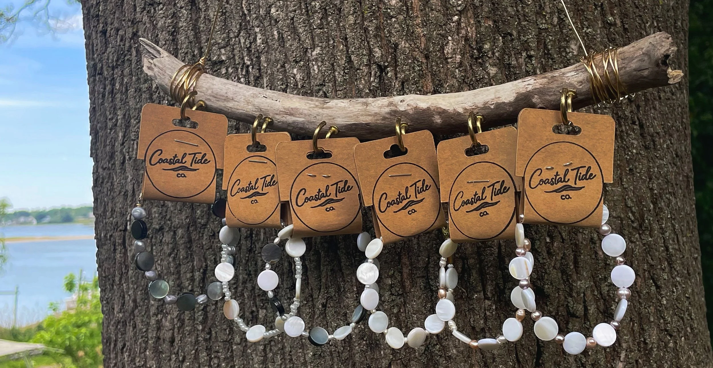 Jewelry display with necklaces hanging from a stick on a tree, with a body of water and greenery in the background, branded with 'Coastal Tide Co.'
