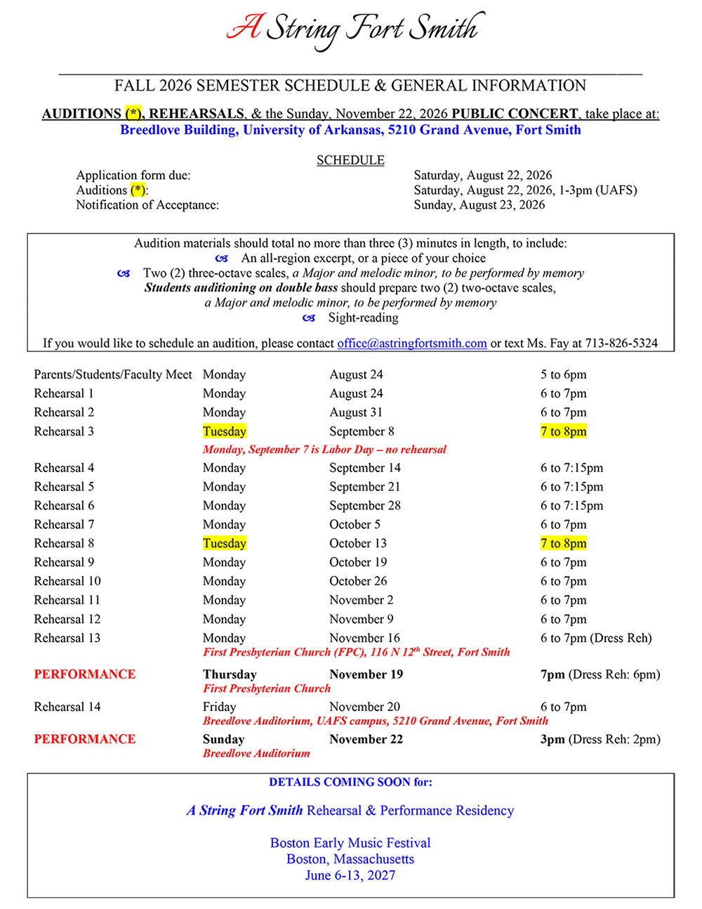 Fall Schedule