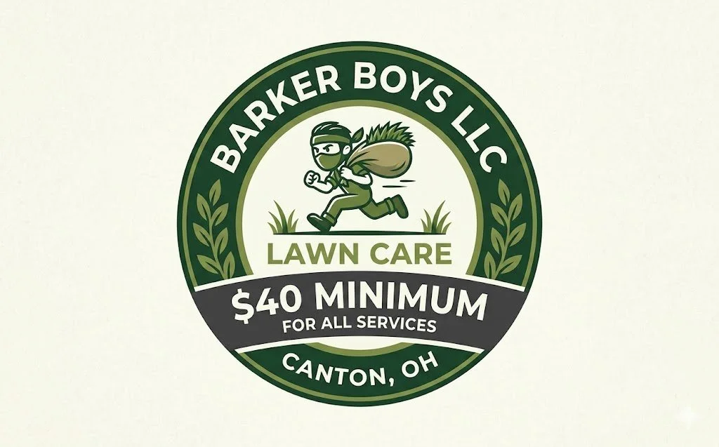 Logo for Barker Boys LLC lawn care service in Canton, Ohio, featuring a cartoon lawn care worker running with a bag of grass clippings, with text indicating a $40 minimum for all services.