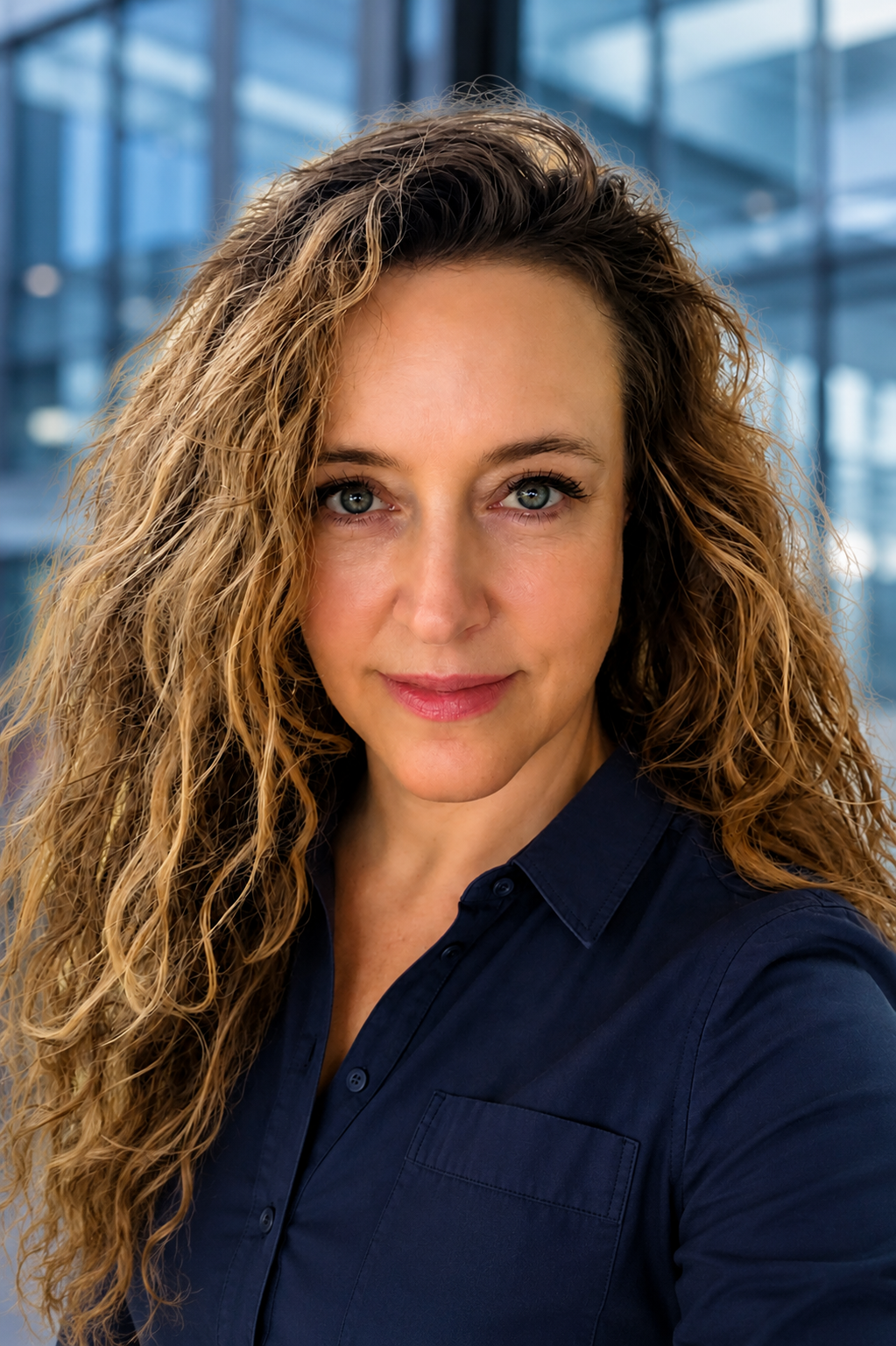 Professional headshot of Rachelle Channell with blond hair, blue suit, and blue glass-building background.