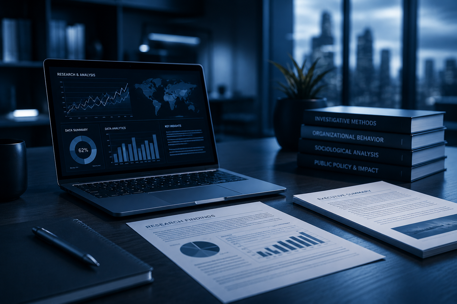 Blue-toned computer screen with analysis charts, research papers, and books representing applied research and analysis.