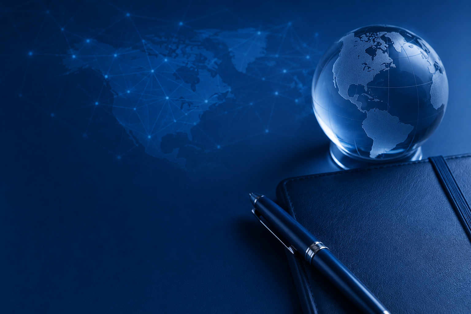 Blue-toned contact image with map, connected lights, pen, leather journal, and globe paperweight representing consultation and global advisory perspective.