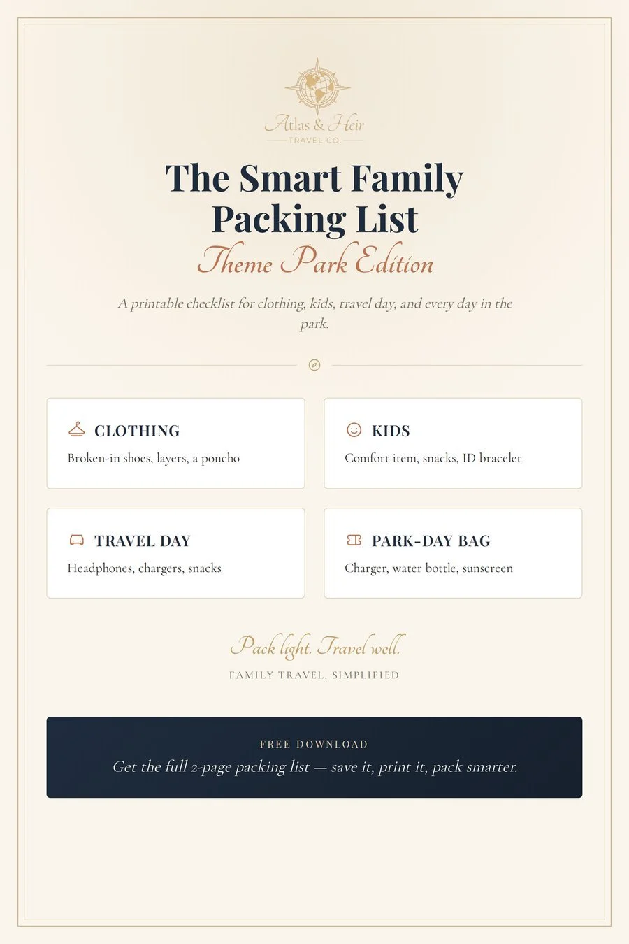 Atlas and Heir Smart Family Packing List, Theme Park Edition printable checklist preview
