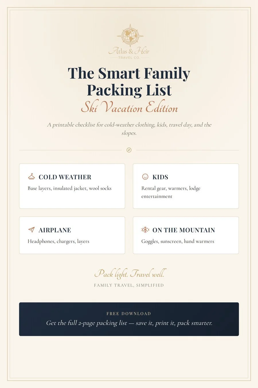 Atlas and Heir Smart Family Packing List, Ski Vacation Edition printable checklist preview