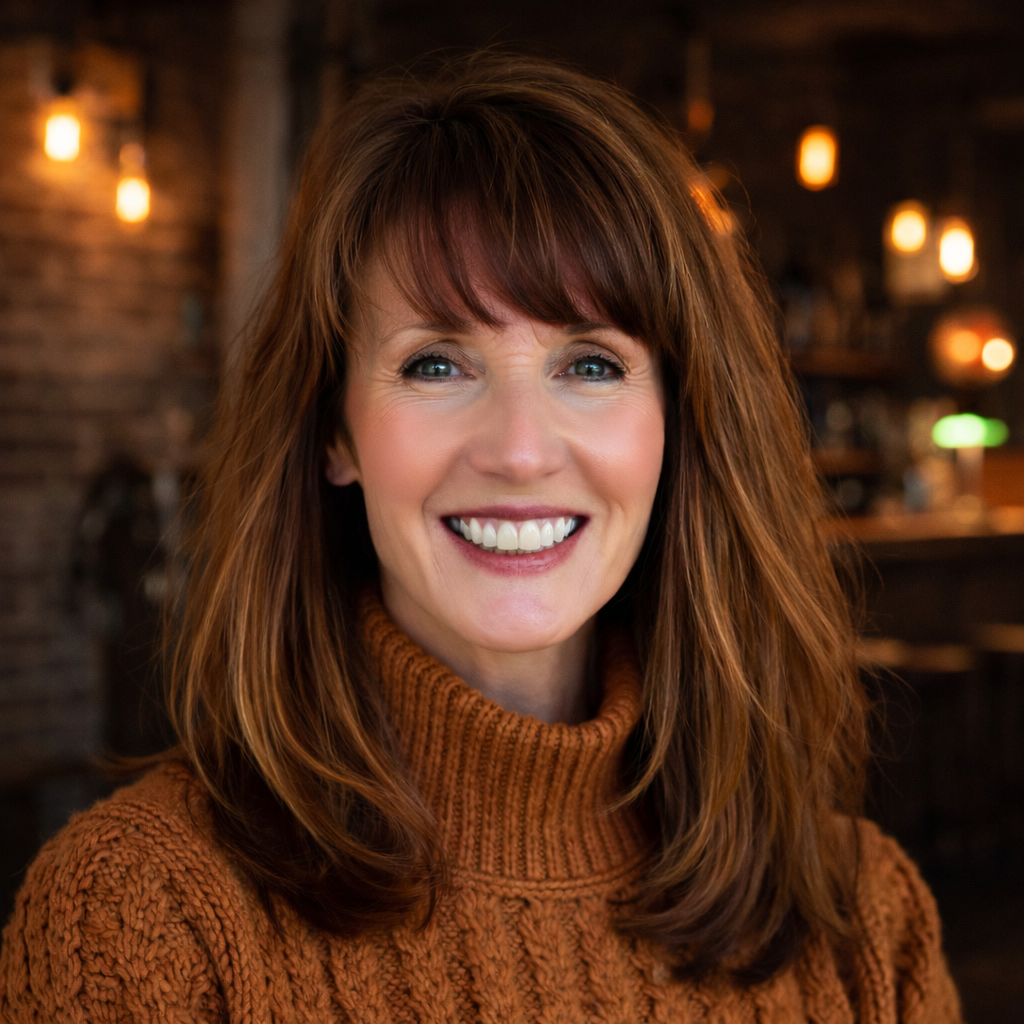 A woman with shoulder-length reddish-brown hair and blue eyes smiling at the camera, wearing a brown turtleneck sweater, in a cozy indoor setting with warm lighting and exposed brick walls.