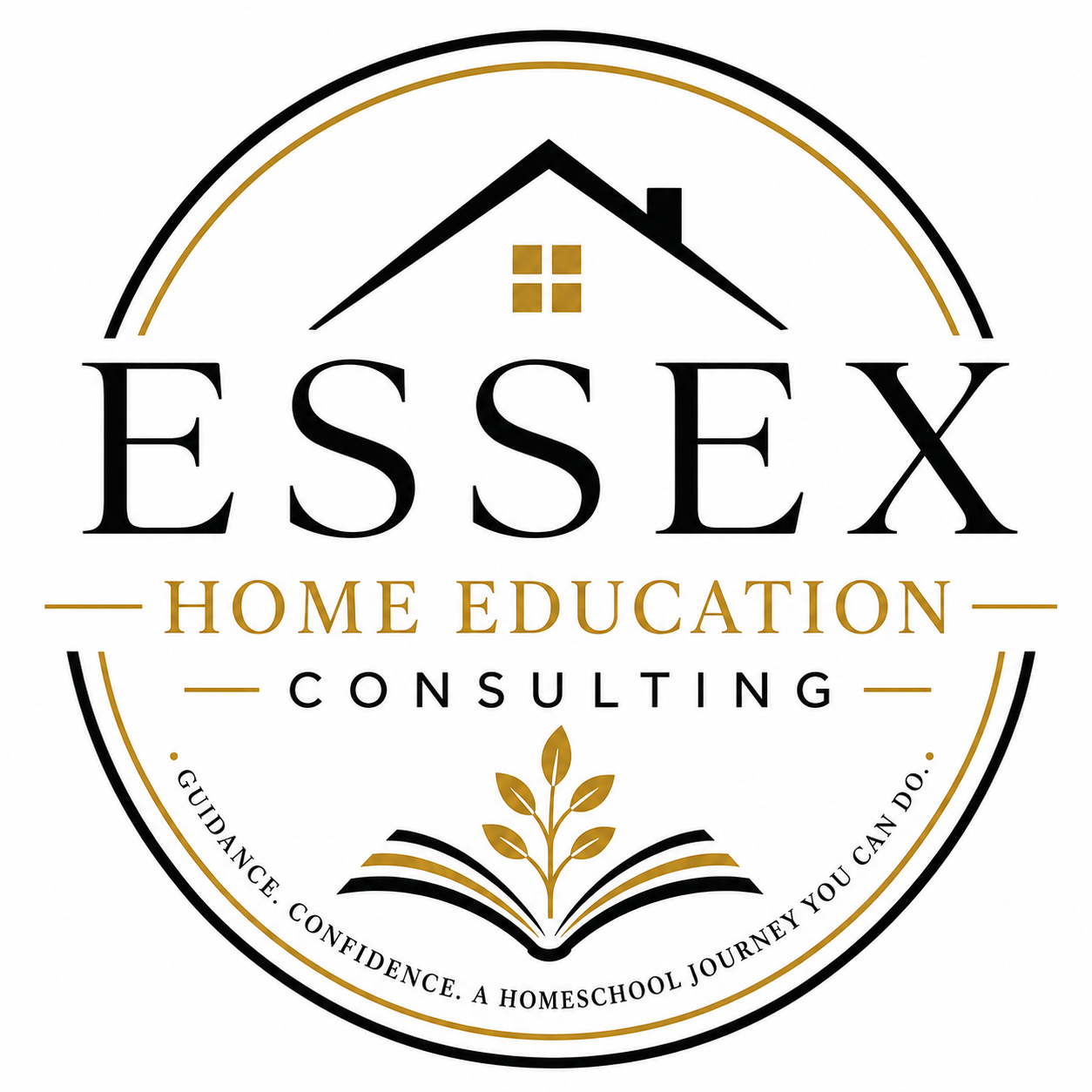 Logo for Essex Home Education Consulting featuring a house graphic, open book with a plant, and text highlighting guidance, confidence, and homeschool journey.