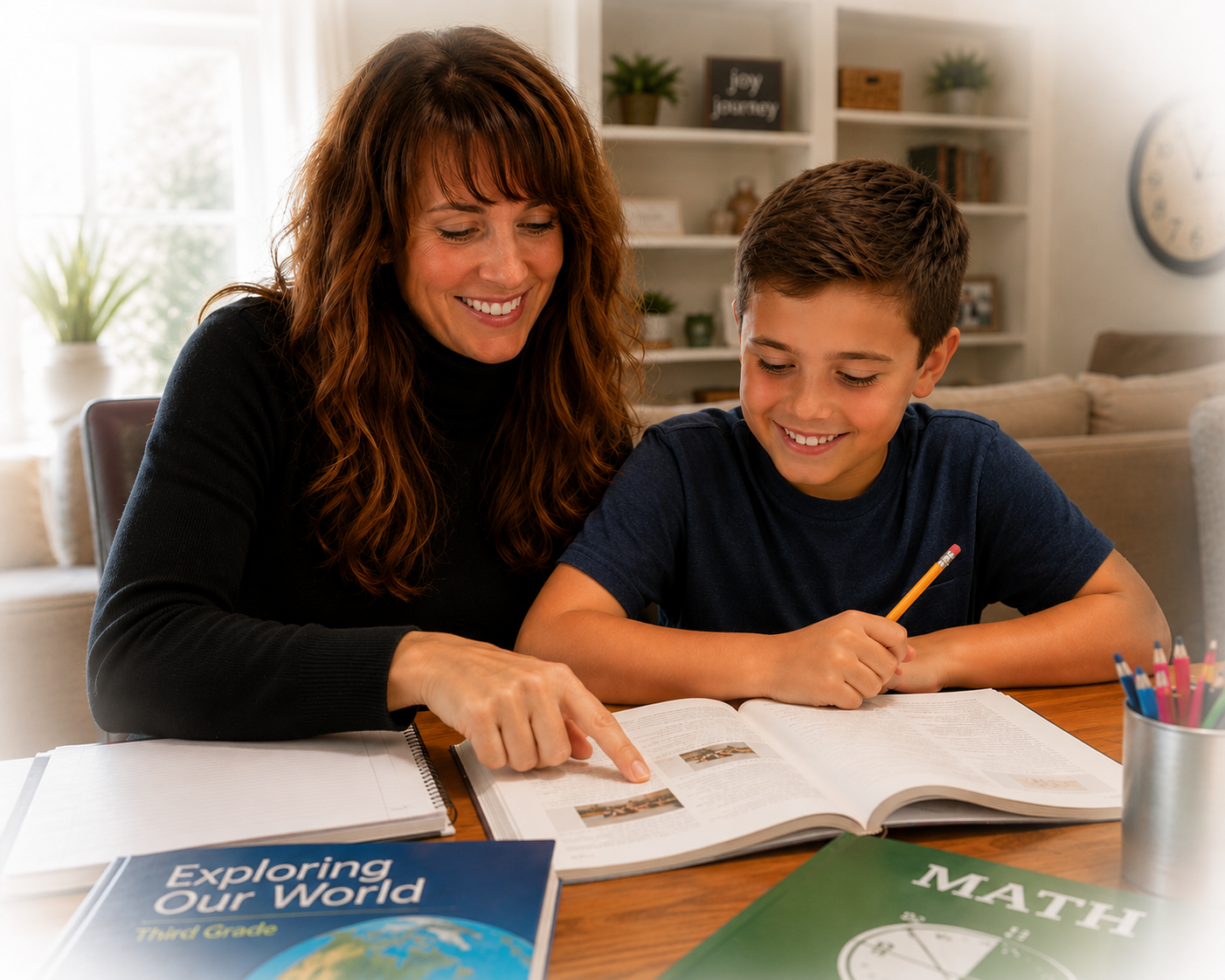 A woman and a boy sitting at a table, looking at an open book and smiling. The woman points at the book. There are school books, notebooks, and colored pencils on the table.