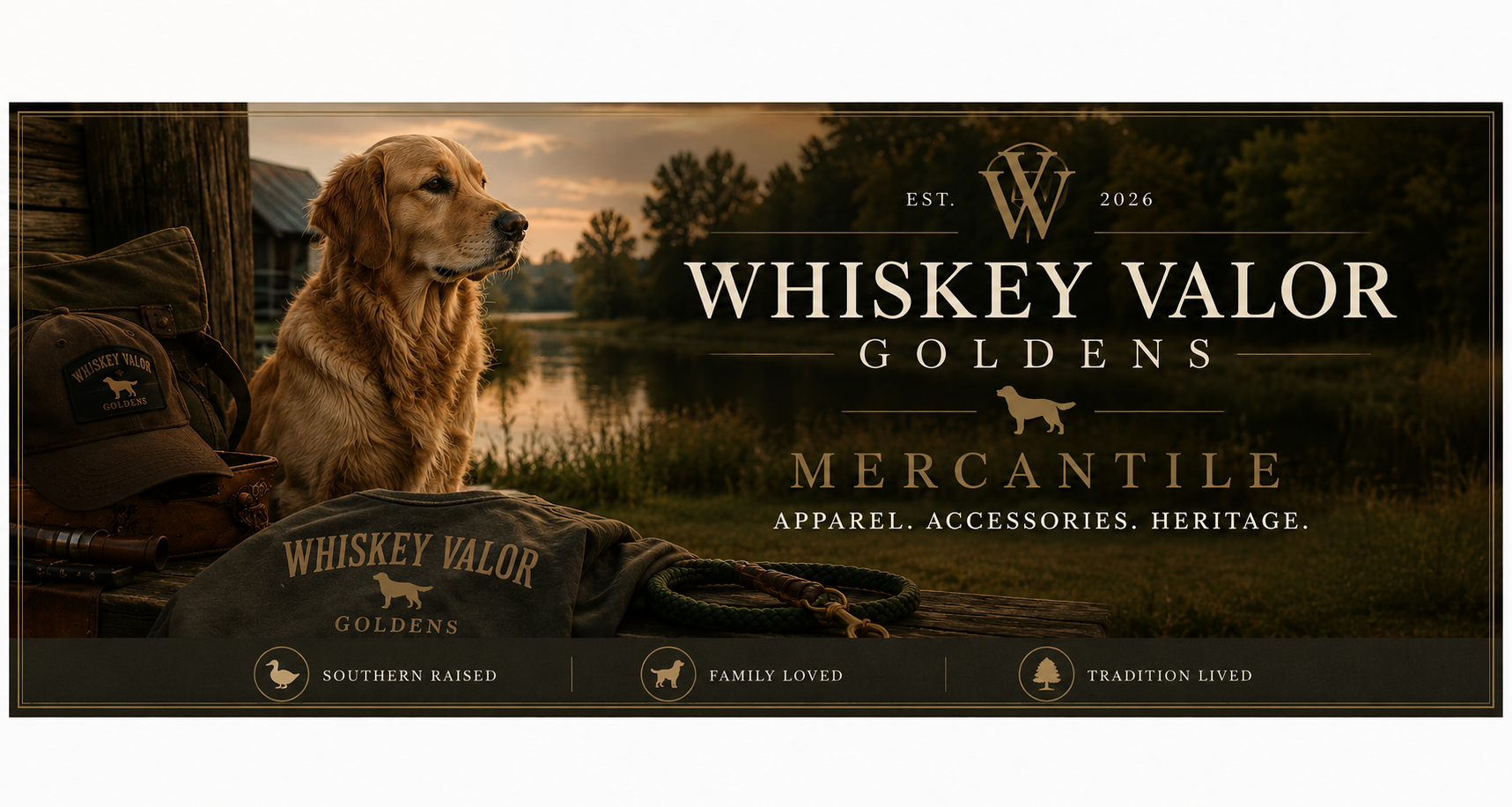 A promotional banner for Whiskey Valor Goldens featuring a golden retriever dog sitting outdoors near a lake at sunset, with accessories such as a cap, jacket, and ropes displayed in front. The banner emphasizes the dog's southern upbringing, family love, and tradition.