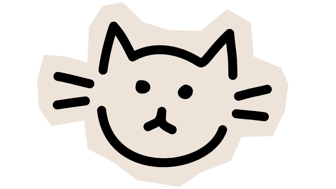 Simple illustration of a cat's face with pointy ears, round eyes, a small nose, and whiskers, drawn with black lines on a beige background.