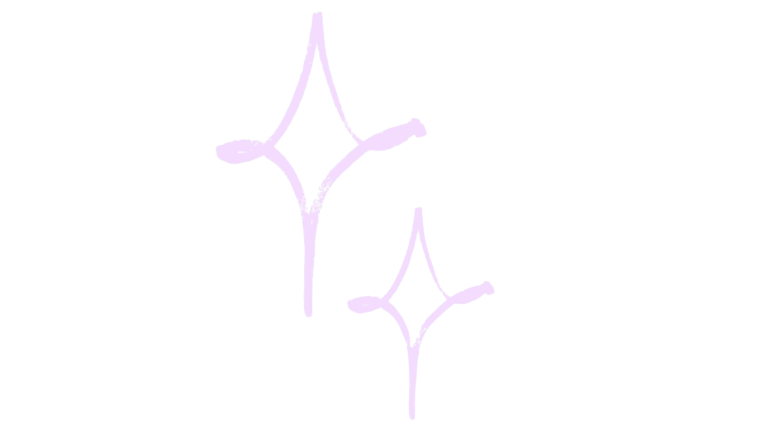 Simple line drawing of two sparkling stars, one larger and one smaller, with a light purple color on a black background.