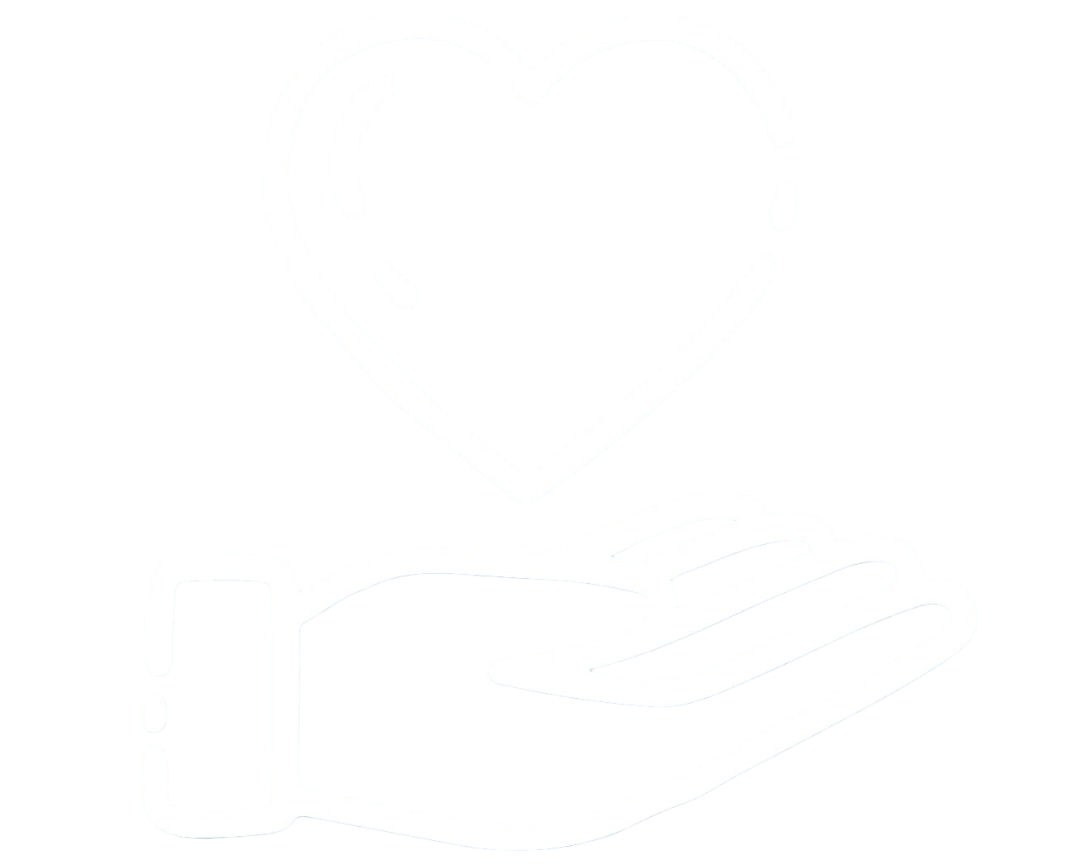 A white outline of a hand holding a heart on a black background.